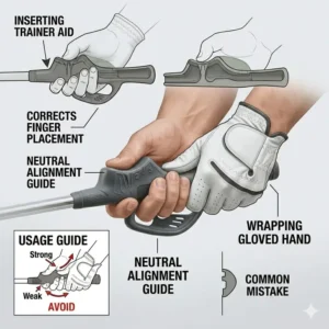 Step-by-step graphic demonstrating how to attach a golf grip trainer aid to a standard golf club.