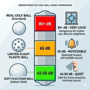 Noise comparison decibel chart highlighting quiet indoor golf balls safe for home.