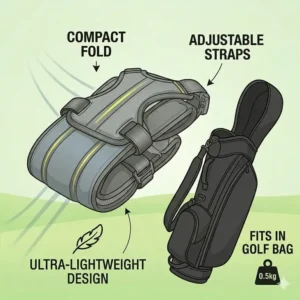A lightweight and adjustable golf posture trainer folded for easy storage in a golf bag.