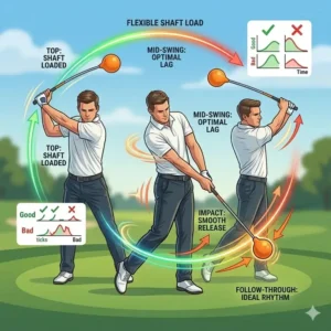 Illustration 5: Infographic showing flexible shaft load and optimal lag timing with a weighted golf swing trainer.