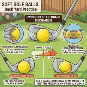 Close-up graphic showing how soft golf balls for backyard practice compress to provide swing speed feedback.