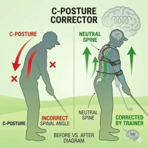 Diagram comparing poor "C-posture" versus the corrected neutral spine achieved using a golf posture trainer.
