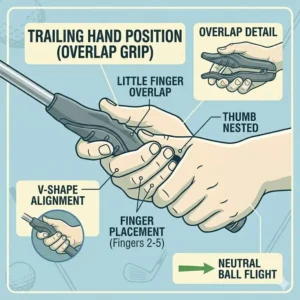 Illustration 6: Close-up view of the trailing hand and interlocking finger detail on a golf grip trainer for beginners for consistent control.
