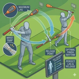 Visual demonstration of proper wrist lag and impact timing with a golf swing tempo trainer.