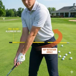 Improving hip rotation during a swing by using a rod from the golf alignment training kit.