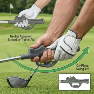 Diagram showing the positive impact of a golf grip trainer aid on the clubface angle and swing plane.