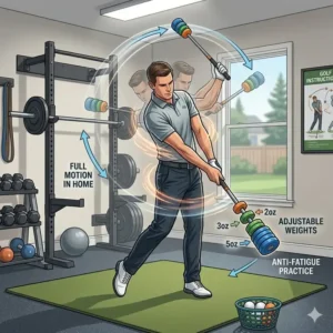 Illustration 6: A golfer practicing full motion in a home gym setting with an adjustable weighted golf swing trainer.