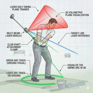 A golfer using a laser-based golf swing plane trainer attached to the club to visualize the swing arc on the ground.