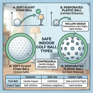 Close-up view of various foam and plastic indoor golf balls safe for home.