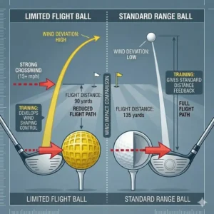 An illustration showing how wind impact and air drag affect the performance of limited flight golf balls during training.