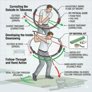 A golfer performing various drills using a versatile golf swing plane trainer to fix an outside-in swing path.