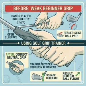 Illustration 7: Before and after comparison showing the correction of a weak grip using a dedicated golf grip trainer for beginners.
