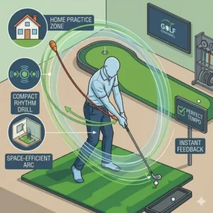 Illustration of a golfer using a compact golf swing tempo trainer for effective indoor home practice.