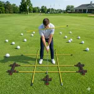 A complete practice station for stance and shoulder alignment using a golf alignment training kit.