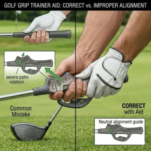 Illustration of a compact and portable golf grip trainer aid stored inside a golf bag pocket.