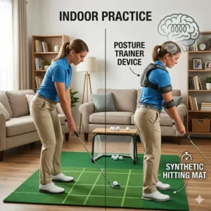 A golfer practicing their setup in a living room using a posture trainer and a hitting mat for home improvement.