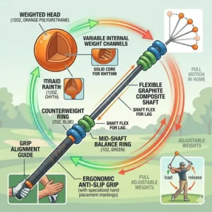 Illustration 7: Detailed technical breakdown of the head, shaft, and grip components of a weighted golf swing trainer.