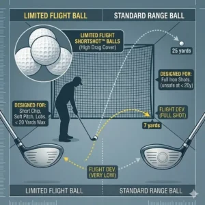 A golfer practicing short game chips into a target net using high-quality limited flight golf balls.