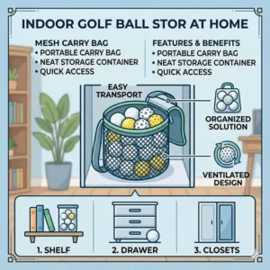 Mesh bag and shelf storage solutions for indoor golf balls safe for home.