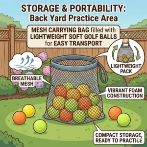 A portable mesh bag filled with colorful soft golf balls for backyard practice for easy storage.