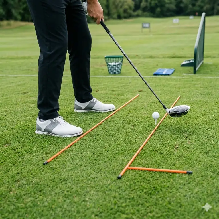 A golfer uses two orange alignment sticks for golf alignment sticks practice on a grass driving range to improve foot positioning and swing path.