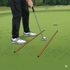 An overhead illustration showing two golf alignment sticks creating a narrow putting gate for dedicated golf alignment sticks practice.