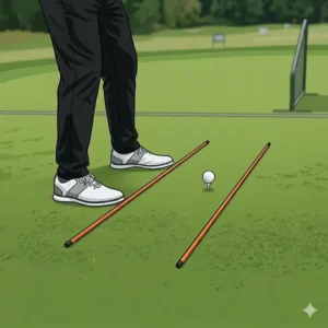 A diagram illustrating a golfer's correct stance and parallel foot placement during golf alignment sticks practice drills.