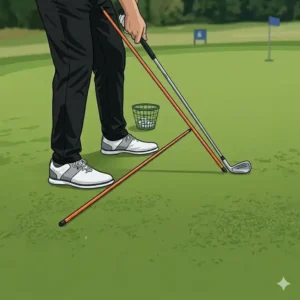 An illustration showing an alignment stick inserted into the ground at an angle for swing plane visual aid during golf alignment sticks practice.