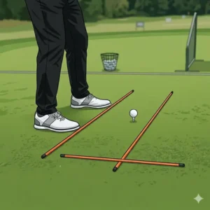 Two alignment sticks forming a T-shape on the turf to mark the proper ball position for golf alignment sticks practice with different clubs.