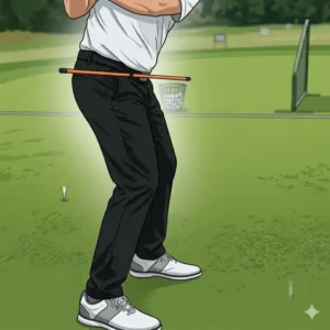 An illustration of a golfer with an alignment stick through their belt loops to monitor proper hip rotation during golf alignment sticks practice.