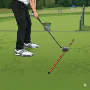 A golf alignment stick pointing directly to a distant flag on the practice green as part of a golf alignment sticks practice setup for aim.