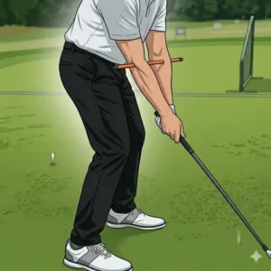 A golfer holding a short segment of an alignment stick between their forearms to maintain connection during golf alignment sticks practice.