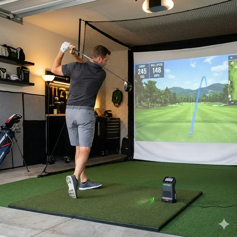 A golfer practicing a swing in a garage using an affordable launch monitor for home setup.