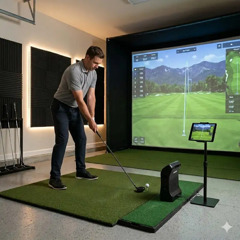 A premium golf launch monitor home use setup in a modern garage simulator with a hitting mat and net.