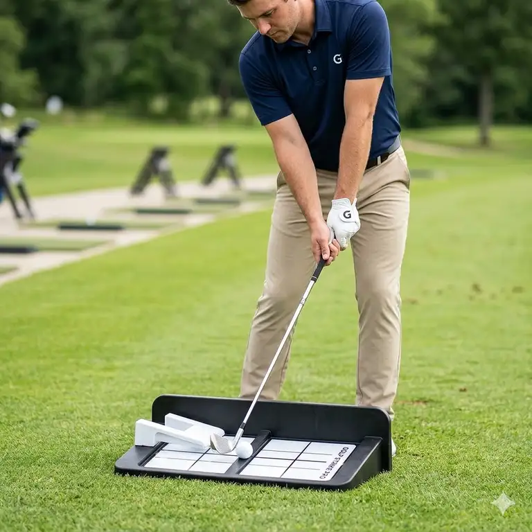 A professional golfer using a premium golf strike training aid on a lush green fairway to improve impact consistency.