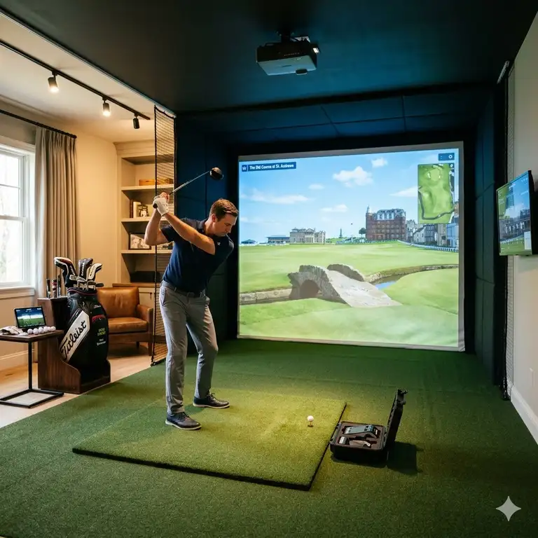 A complete premium setup featuring various golf simulator accessories home with a professional screen.