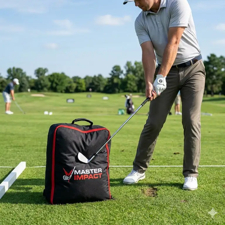 A professional golfer using a golf impact training bag to improve clubface alignment at the point of contact.
