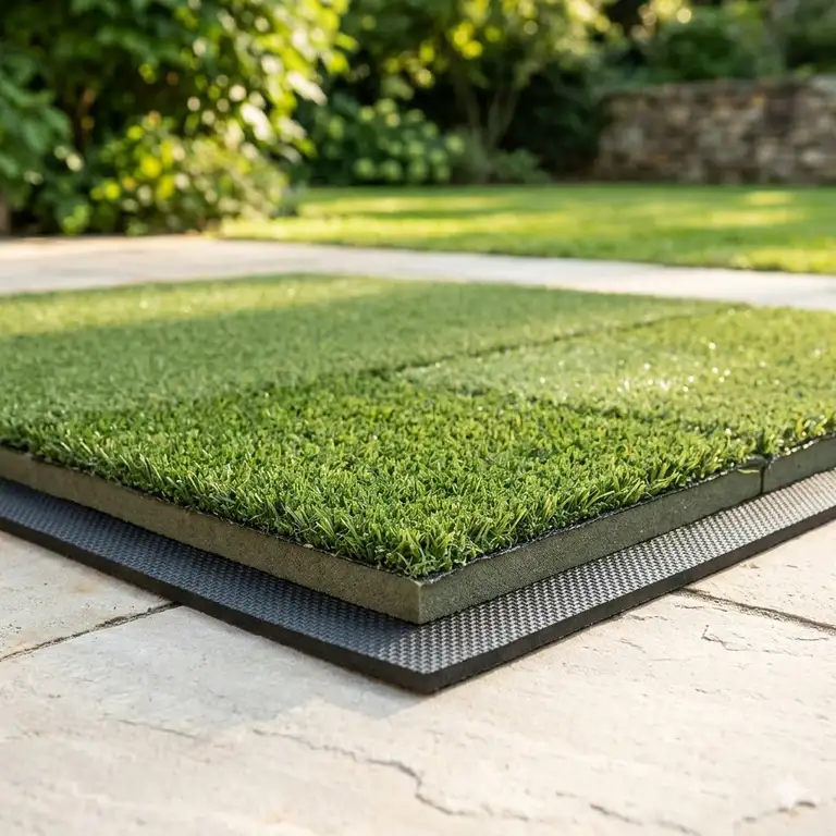 A premium golf practice mat heavy duty with realistic turf and a thick rubber base on a backyard patio.