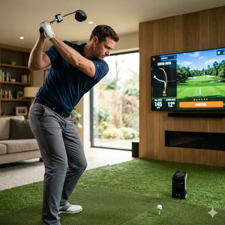 A golfer practicing in a modern living room using a professional golf swing analyzer for home to improve club path.