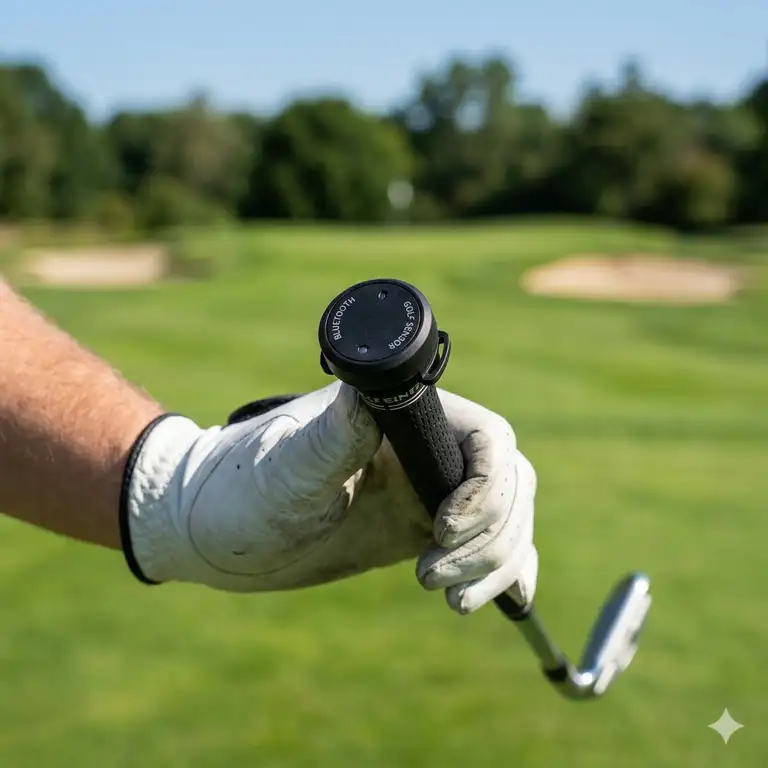 A professional golf swing sensor bluetooth device attached to a club grip on a green golf course.