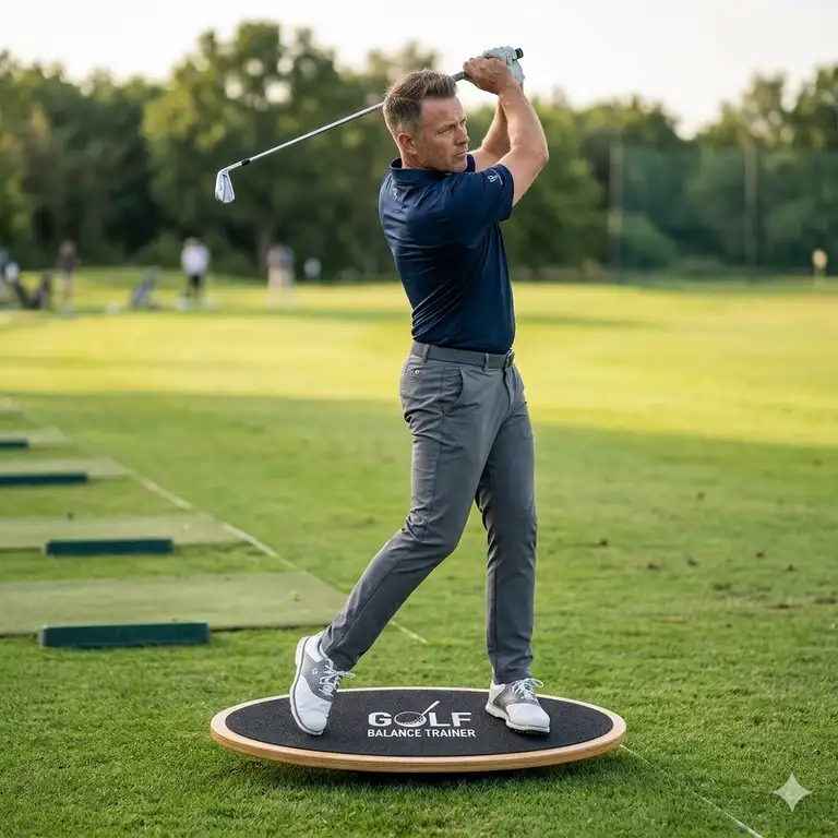 A professional golfer practicing a full swing on a premium golf balance trainer board to improve stability.
