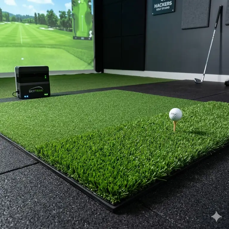 A premium golf simulator hitting mat integrated into a full home golf studio setup.