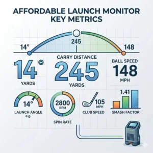 Infographic displaying various swing data points tracked by an affordable launch monitor for home