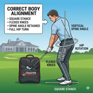 Diagram showing the correct body posture and hip rotation when hitting a golf impact training bag.