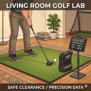 A compact golf launch monitor home use placed in a living room showing safe clearance for a swing.
