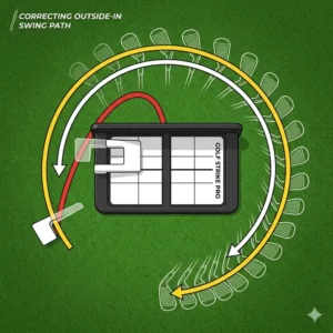 An overhead illustration showing how a golf strike training aid corrects an outside-in swing path.