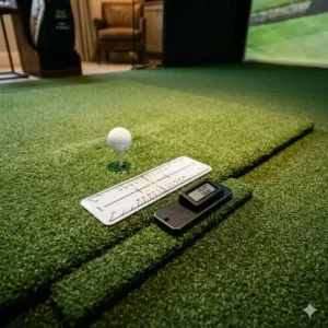A high-quality turf hitting mat, one of the essential golf simulator accessories home for realistic play.