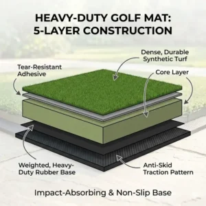 Detailed diagram showing the multi-layer construction and impact-absorbing core of a golf practice mat heavy duty.