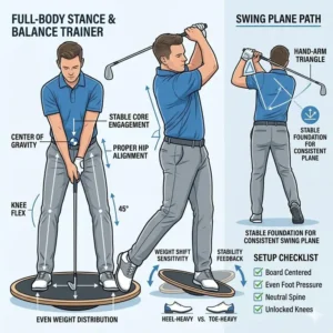 An illustration showing the correct athletic stance and body alignment on a golf balance trainer board.