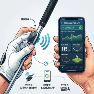 A close-up showing how to easily attach a sensor and sync the golf swing analyzer for home with a mobile app.